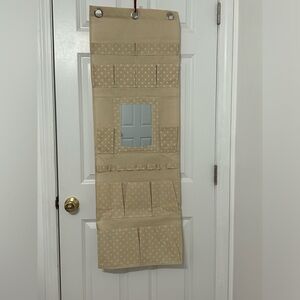 Door organizer with removable mirror in beige, white polkadots